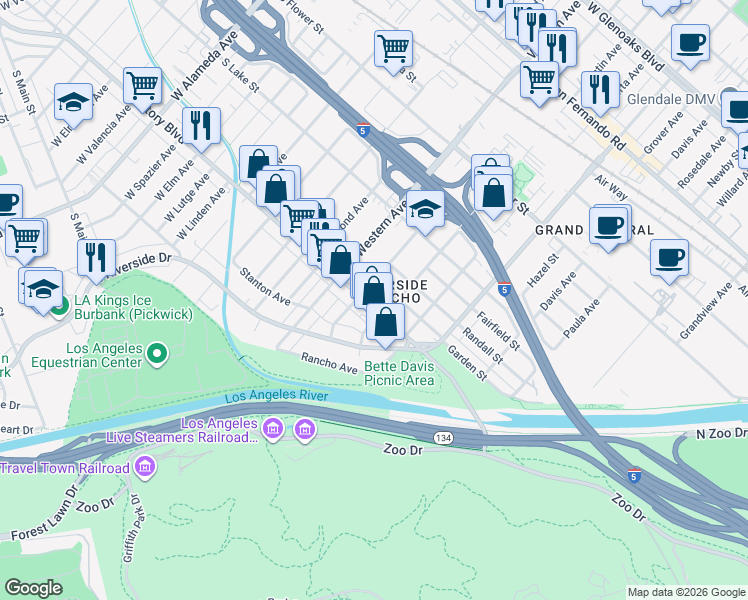 map of restaurants, bars, coffee shops, grocery stores, and more near 313 Winchester Avenue in Glendale