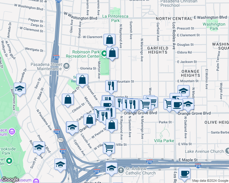 map of restaurants, bars, coffee shops, grocery stores, and more near 834 North Fair Oaks Avenue in Pasadena