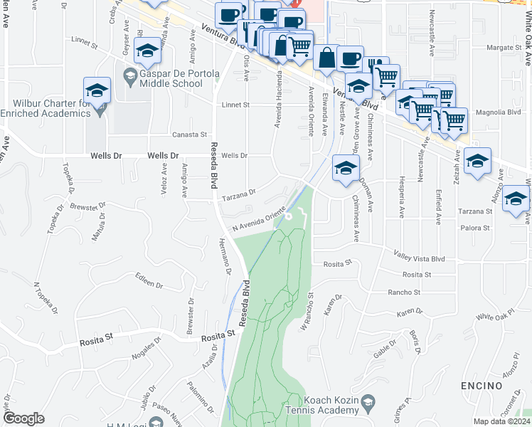 map of restaurants, bars, coffee shops, grocery stores, and more near 4965 Avenida Oriente in Los Angeles