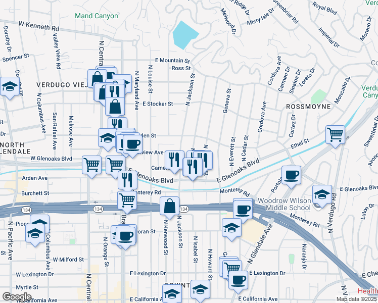 map of restaurants, bars, coffee shops, grocery stores, and more near 1001 North Isabel Street in Glendale