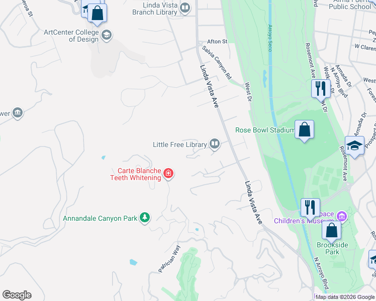 map of restaurants, bars, coffee shops, grocery stores, and more near 1290 Rancheros Road in Pasadena