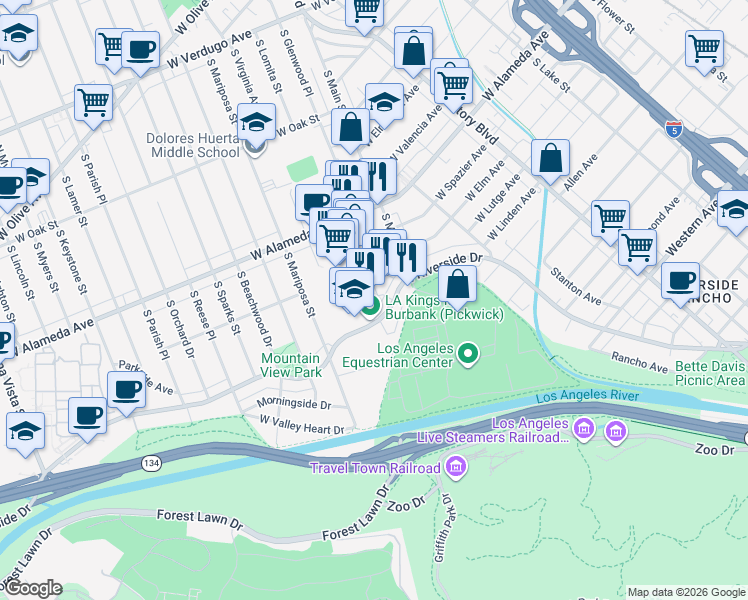 map of restaurants, bars, coffee shops, grocery stores, and more near 101 Kimberwick Court in Burbank