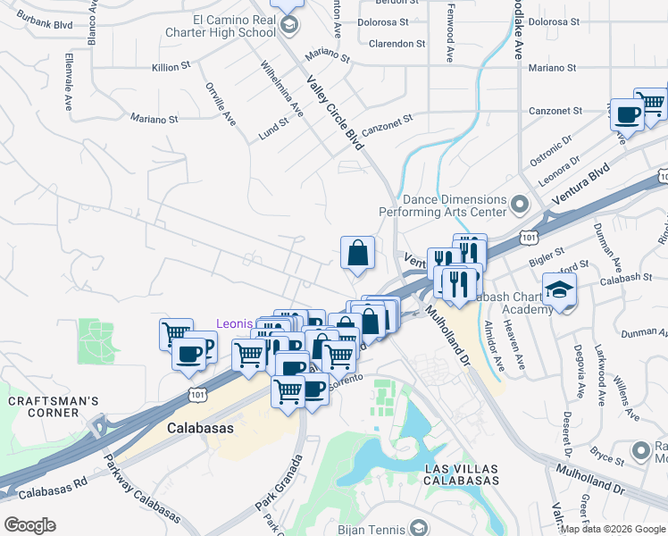map of restaurants, bars, coffee shops, grocery stores, and more near 23617 Long Valley Road in Hidden Hills