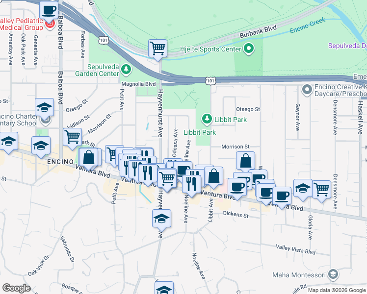 map of restaurants, bars, coffee shops, grocery stores, and more near 4961 Noeline Avenue in Los Angeles