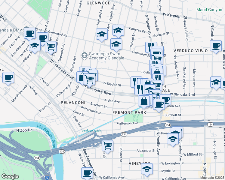 map of restaurants, bars, coffee shops, grocery stores, and more near 663 West Dryden Street in Glendale