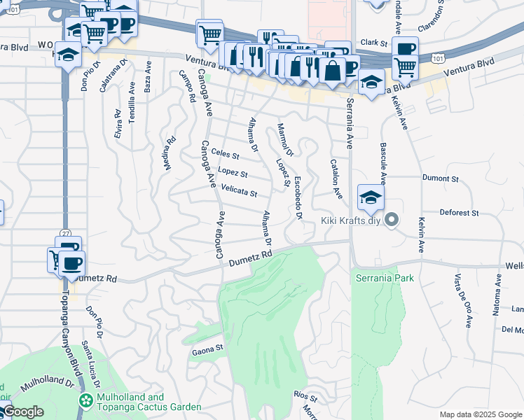 map of restaurants, bars, coffee shops, grocery stores, and more near 21205 De La Osa Street in Los Angeles