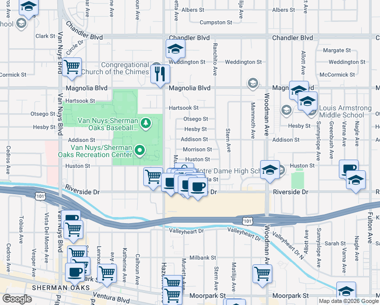 map of restaurants, bars, coffee shops, grocery stores, and more near 14000 Morrison Street in Los Angeles