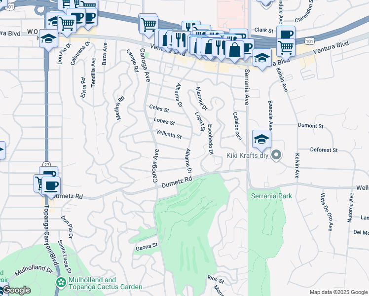 map of restaurants, bars, coffee shops, grocery stores, and more near 21205 De La Osa Street in Los Angeles