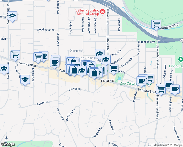 map of restaurants, bars, coffee shops, grocery stores, and more near 17034 Addison Street in Los Angeles