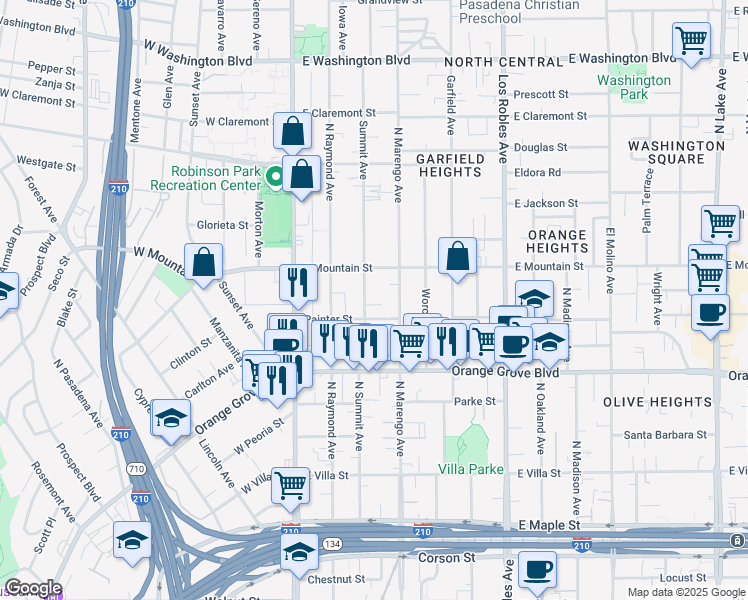 map of restaurants, bars, coffee shops, grocery stores, and more near 880 North Summit Avenue in Pasadena