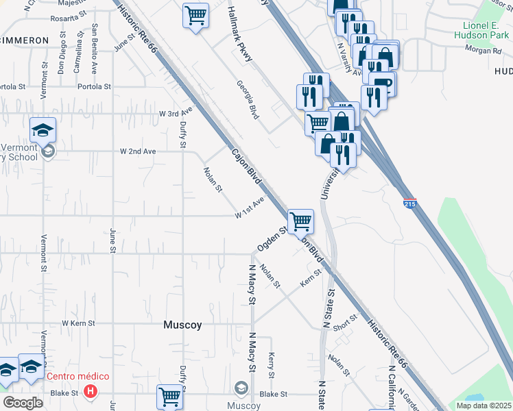 map of restaurants, bars, coffee shops, grocery stores, and more near 2035 West 1st Avenue in Muscoy