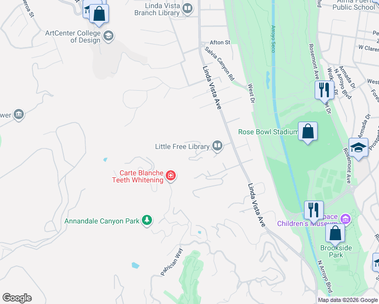 map of restaurants, bars, coffee shops, grocery stores, and more near 1290 Rancheros Road in Pasadena
