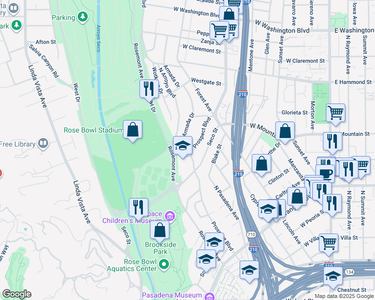 map of restaurants, bars, coffee shops, grocery stores, and more near 1015 Prospect Boulevard in Pasadena