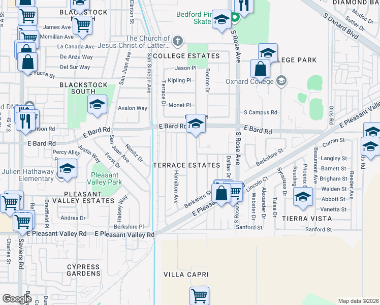 map of restaurants, bars, coffee shops, grocery stores, and more near 4340 Highland Avenue in Oxnard