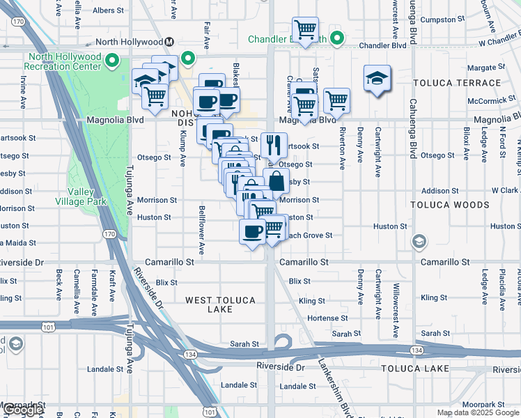 map of restaurants, bars, coffee shops, grocery stores, and more near 11011 Huston Street in Los Angeles