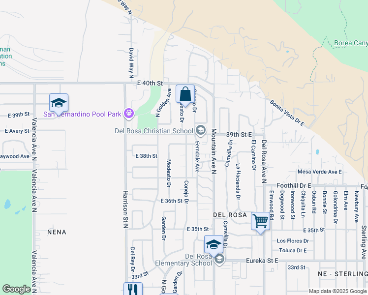 map of restaurants, bars, coffee shops, grocery stores, and more near 1291 East Echo Drive in San Bernardino