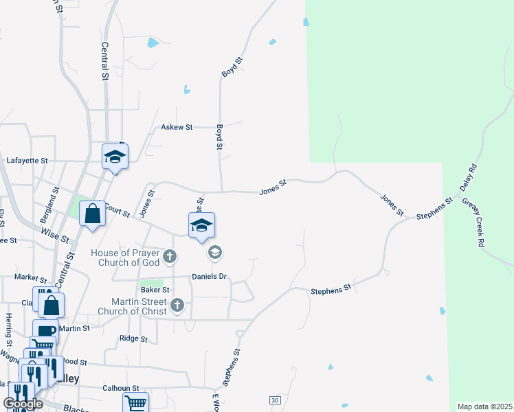map of restaurants, bars, coffee shops, grocery stores, and more near 397-1417 Jones Street in Water Valley