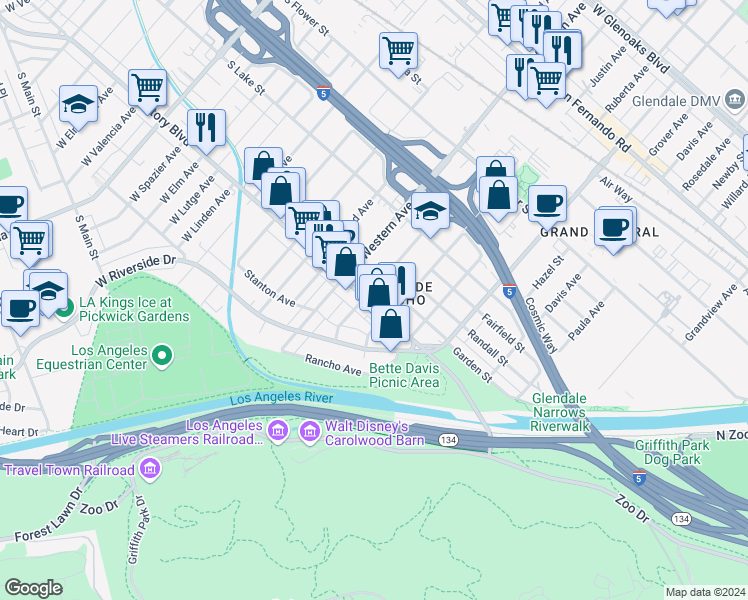 map of restaurants, bars, coffee shops, grocery stores, and more near 1542 Randall Street in Glendale