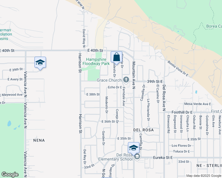 map of restaurants, bars, coffee shops, grocery stores, and more near 1269 Echo Drive East in San Bernardino