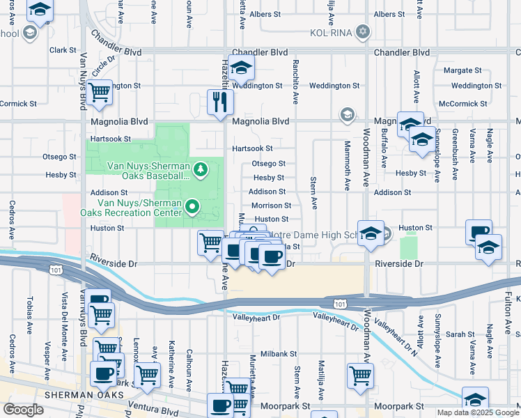 map of restaurants, bars, coffee shops, grocery stores, and more near 14000 Morrison Street in Los Angeles
