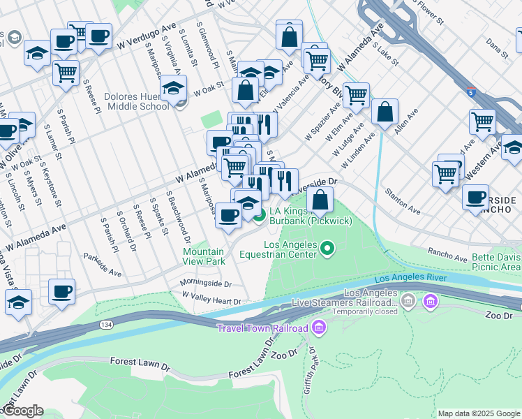 map of restaurants, bars, coffee shops, grocery stores, and more near 1001 West Riverside Drive in Burbank