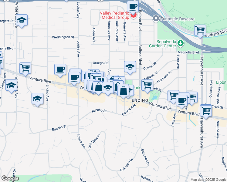map of restaurants, bars, coffee shops, grocery stores, and more near 17034 Addison Street in Los Angeles