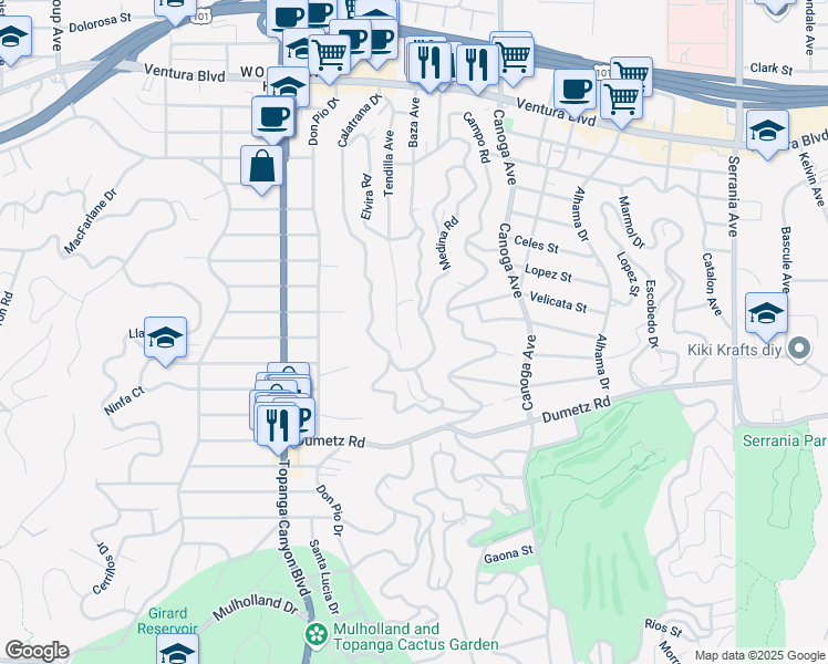 map of restaurants, bars, coffee shops, grocery stores, and more near 5051 Medina Road in Los Angeles