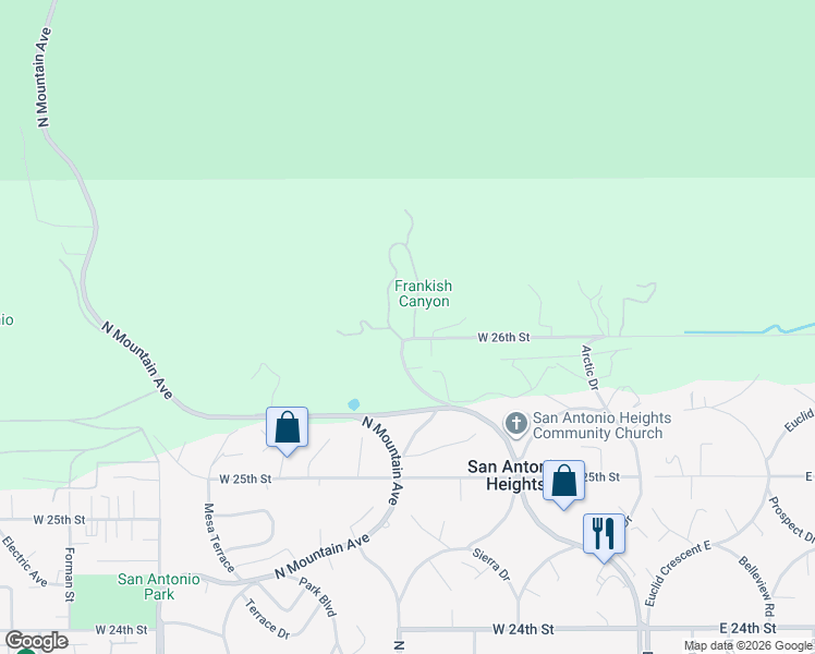 map of restaurants, bars, coffee shops, grocery stores, and more near 2635 Holly Drive in Upland