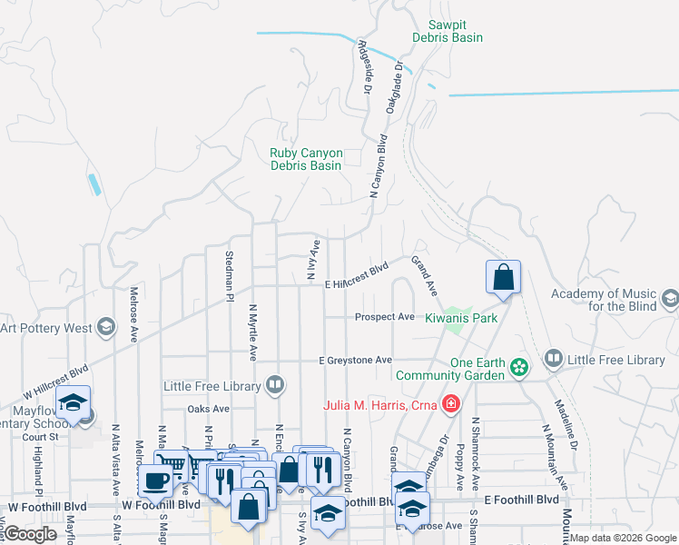 map of restaurants, bars, coffee shops, grocery stores, and more near 435 North Canyon Boulevard in Monrovia