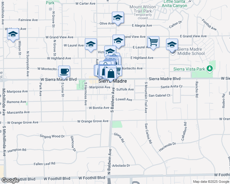 map of restaurants, bars, coffee shops, grocery stores, and more near in Sierra Madre
