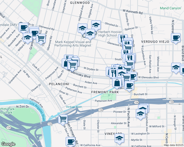 map of restaurants, bars, coffee shops, grocery stores, and more near 663 West Dryden Street in Glendale