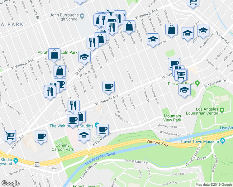 map of restaurants, bars, coffee shops, grocery stores, and more near 324 South Lamer Street in Burbank