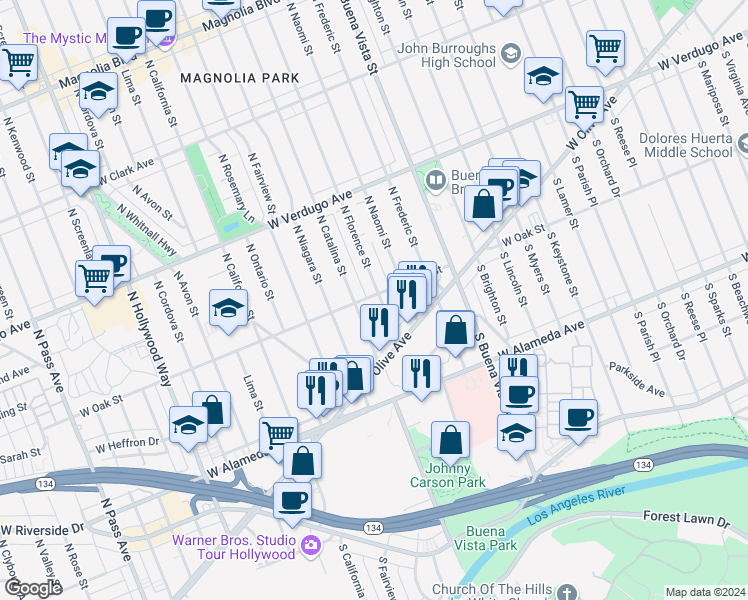 map of restaurants, bars, coffee shops, grocery stores, and more near 219 North Florence Street in Burbank