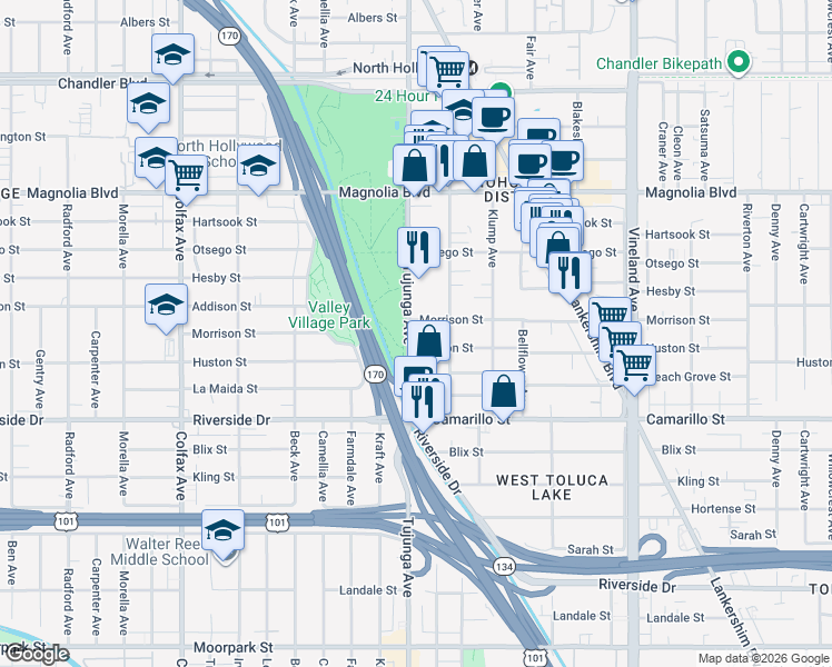 map of restaurants, bars, coffee shops, grocery stores, and more near 5002 Tujunga Avenue in Los Angeles