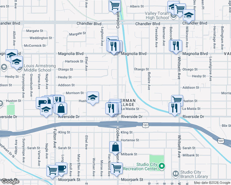map of restaurants, bars, coffee shops, grocery stores, and more near in Los Angeles