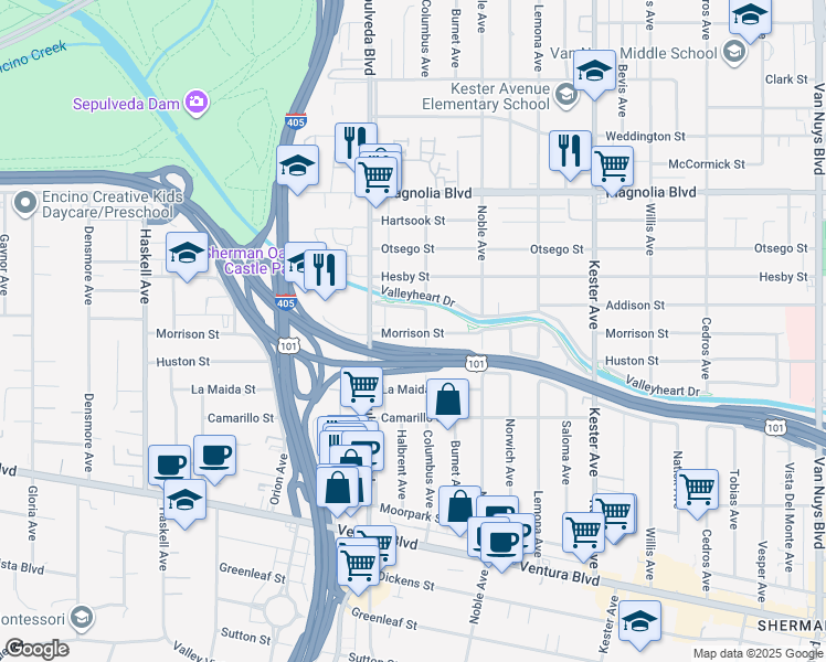 map of restaurants, bars, coffee shops, grocery stores, and more near 15200 Valleyheart Drive in Los Angeles