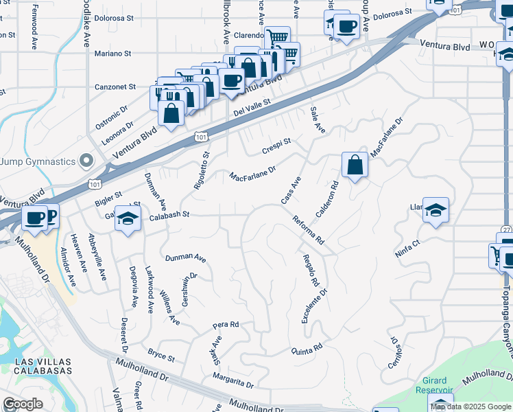 map of restaurants, bars, coffee shops, grocery stores, and more near 22727 Cass Avenue in Los Angeles
