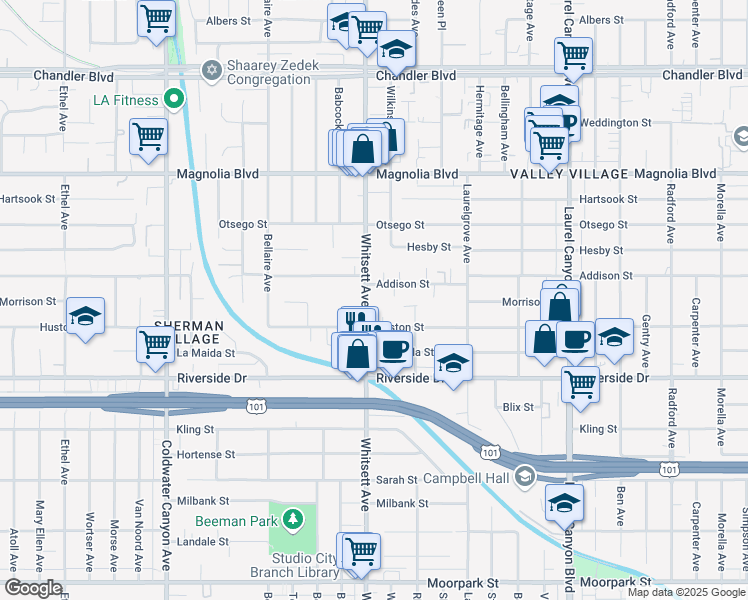 map of restaurants, bars, coffee shops, grocery stores, and more near 4936 Whitsett Avenue in Los Angeles