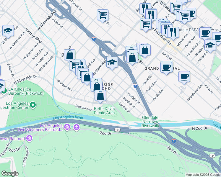 map of restaurants, bars, coffee shops, grocery stores, and more near 1542 Randall Street in Glendale