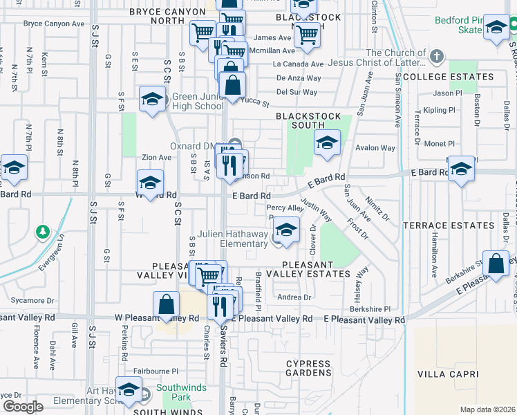 map of restaurants, bars, coffee shops, grocery stores, and more near 364 East Bard Road in Oxnard