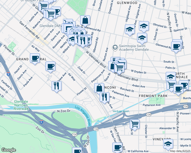map of restaurants, bars, coffee shops, grocery stores, and more near 843 Pelanconi Avenue in Glendale
