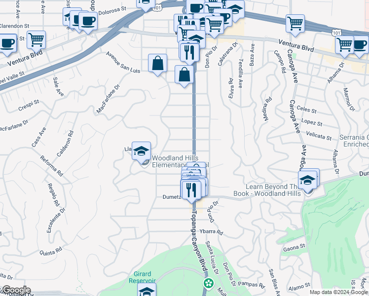 map of restaurants, bars, coffee shops, grocery stores, and more near 22021 Velicata Street in Los Angeles