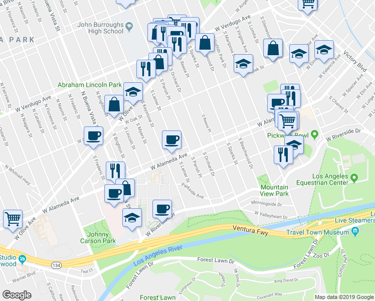 map of restaurants, bars, coffee shops, grocery stores, and more near 447 South Parish Place in Burbank