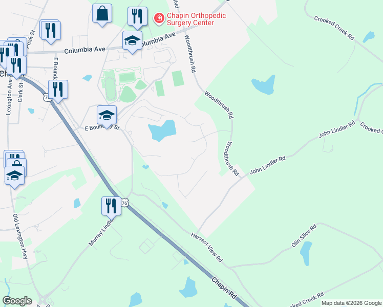 map of restaurants, bars, coffee shops, grocery stores, and more near 502 Varsity Court in Chapin