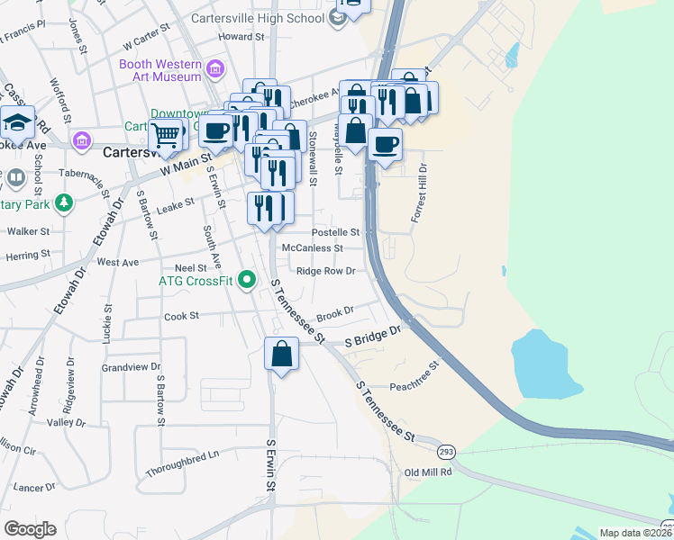 map of restaurants, bars, coffee shops, grocery stores, and more near 50 Ridge Row Drive in Cartersville