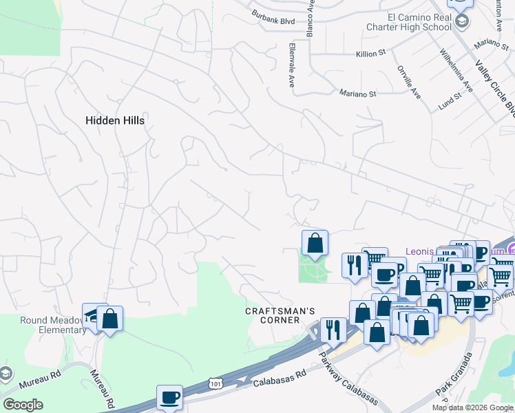 map of restaurants, bars, coffee shops, grocery stores, and more near 24247 Bridle Trail Road in Hidden Hills