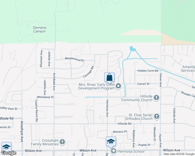 map of restaurants, bars, coffee shops, grocery stores, and more near 5101 Carriage Road in Rancho Cucamonga