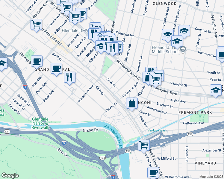 map of restaurants, bars, coffee shops, grocery stores, and more near 1010 Zook Drive in Glendale