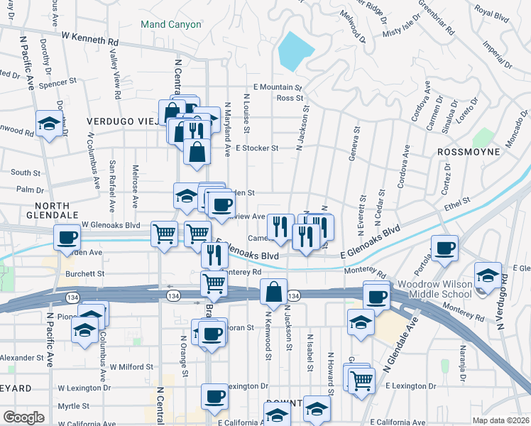 map of restaurants, bars, coffee shops, grocery stores, and more near 6 Sherman Lane in Glendale