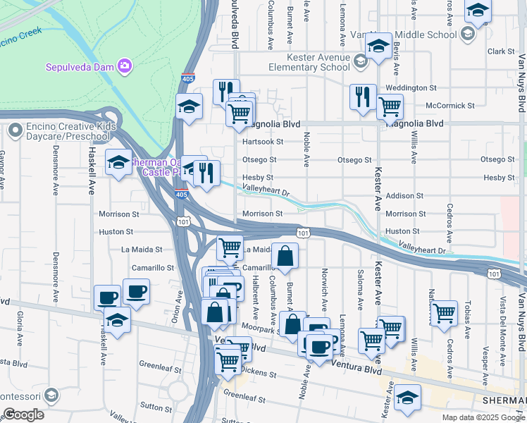 map of restaurants, bars, coffee shops, grocery stores, and more near 15200 Valleyheart Drive in Los Angeles